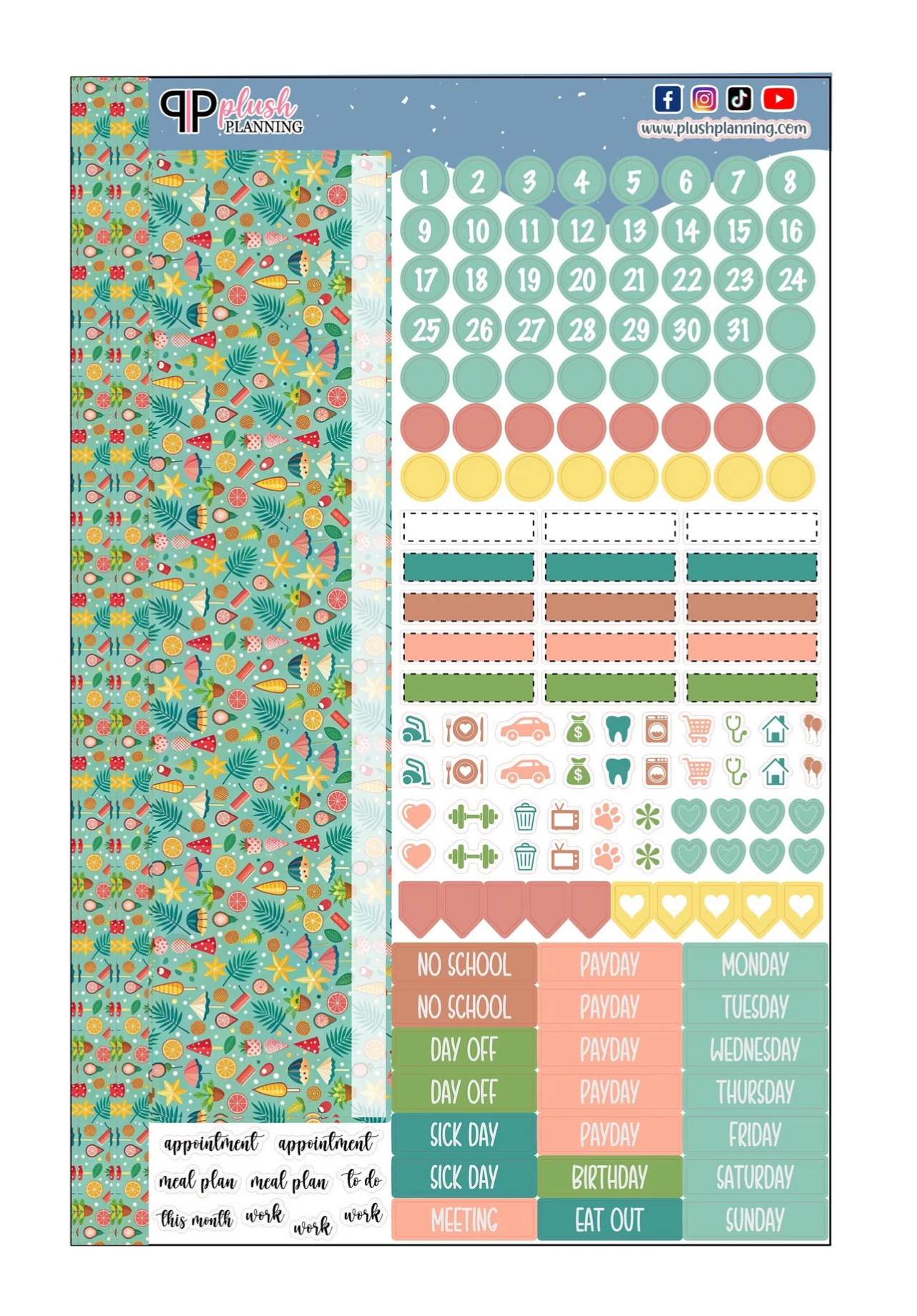 Summer Seamless Planner Stickers, Functional Monthly Kit