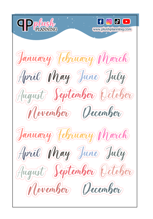 Months of the Year Script Brush Stroke Label Planner Stickers , Laurel Denise Colors