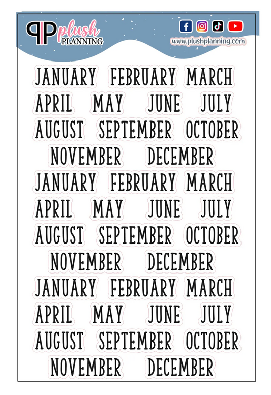 Months of the Year Script Brush Stroke Label Planner Stickers, Black Color