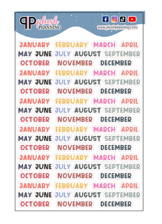 Months of the Year Script Brush Stroke Label Planner Stickers, Bold Color