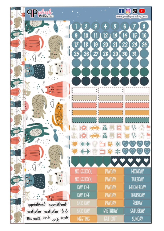 Vibrant Cats Friends Design Planner Stickers, Laurel Denise Monthly Sample Kit