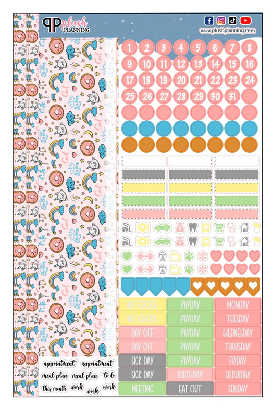 Cat Donut and Rainbow Design Planner Stickers, Laurel Denise Monthly Sample Kit