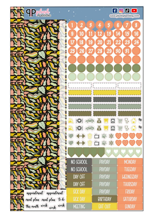 Vibrant Retro Leaves Design Planner Stickers, Laurel Denise Monthly Sample Kit