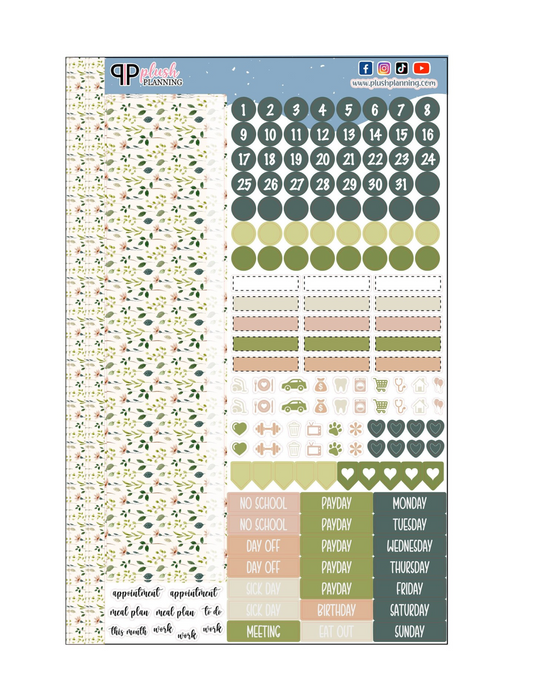 Floral Planner Stickers, Green Spring Design, Monthly Sample Kit