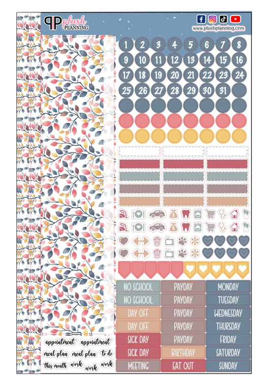 Blue and Pink Long Leaves Design Planner Stickers, Laurel Denise Monthly Sample Kit