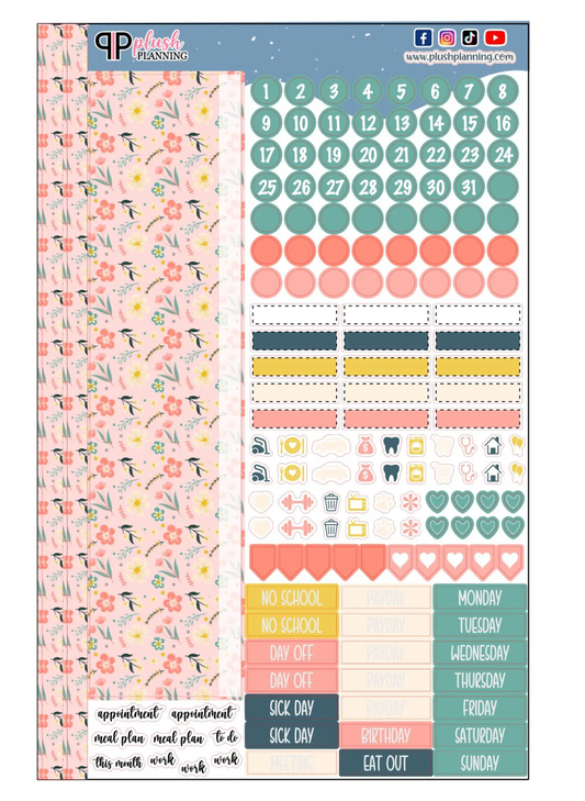Pink Spring Flowers Design Planner Stickers, Laurel Denise Monthly Sample Kit