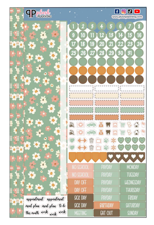 Green Retro Petals Flowers Design Planner Stickers, Laurel Denise Monthly Sample Kit
