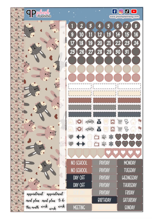 Gray and Pink Bunny Design Planner Stickers, Laurel Denise Monthly Sample Kit