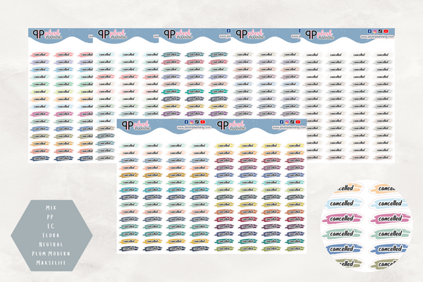 Cancelled Script with Brush Overlay Planner Stickers, Plush Planning