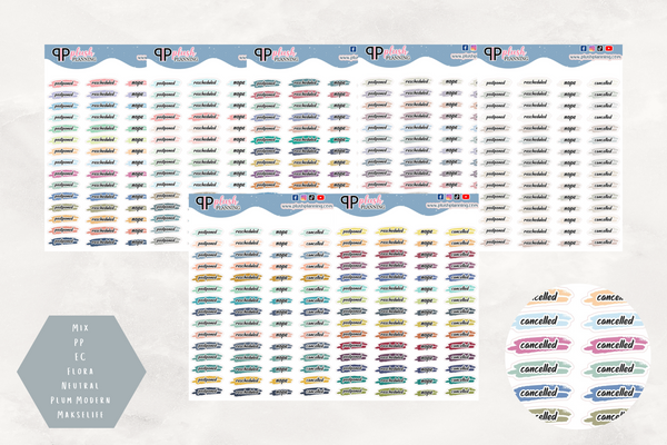 Postponed, Rescheduled, Nope, Cancelled Script with Brush Overlay Planner Stickers, Plush Planning