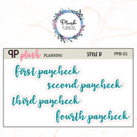 First Paycheck, Second Paycheck, Third Paycheck, Fourth Paycheck Scripts Planner Stickers