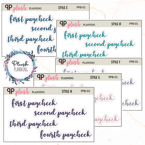 First Paycheck, Second Paycheck, Third Paycheck, Fourth Paycheck Scripts Planner Stickers