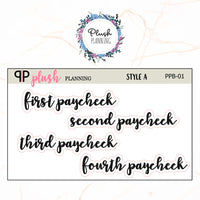 First Paycheck, Second Paycheck, Third Paycheck, Fourth Paycheck Scripts Planner Stickers