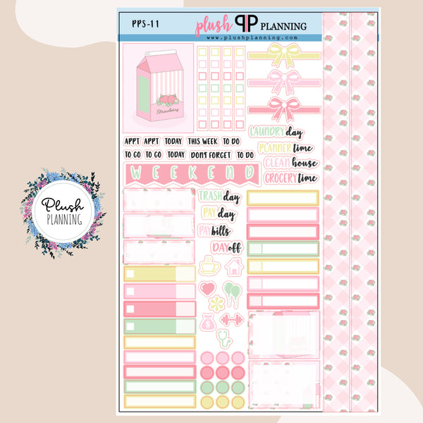 Kawaii Strawberry Milk Sampler Planner Stickers, Kawaii Theme