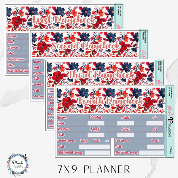 7x9 Planner Paycheck Budget Kit (1-4) or Singles Planner Stickers, Floral Design Color