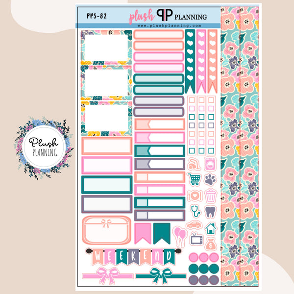 Teal and Pinks Floral Flowery Pattern Sampler Planner Stickers, Floral Pattern