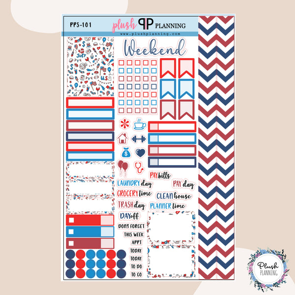 Stripes with Decorated Sticker 4th of July Theme Planner Stickers, 4th of July Designs