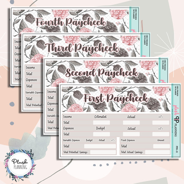 7x9 Planner Paycheck Budget Kit (1-4) or Singles Planner Stickers, Floral Design Color