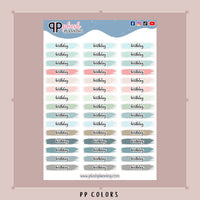 Birthday Watercolor Swatches Planner Stickers, Cursive Font